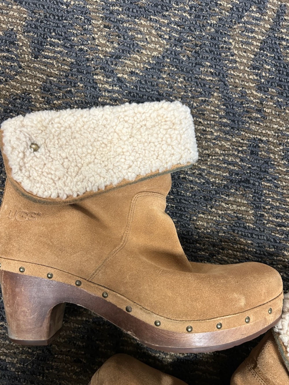 UGG Women's Chestnut Suede Shearling Cuffed Heeled Clog Bohemian Style